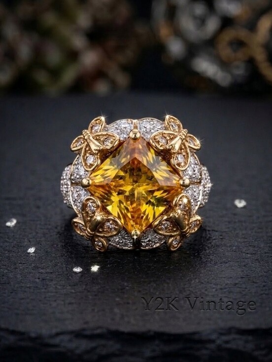 Swarovski Jewelry - Vintage Y2K Butterfly Cocktail Ring | 14K Gold Citrine Swarovski Crystals